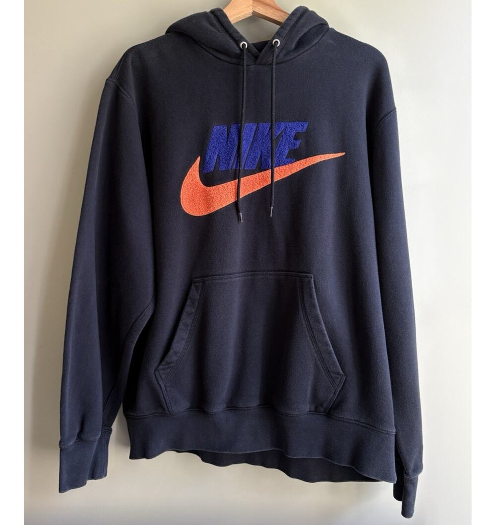 Nike Logo Hoodie Sweatshirt Club Fleece Chenille Black Orange Swoosh Size Large